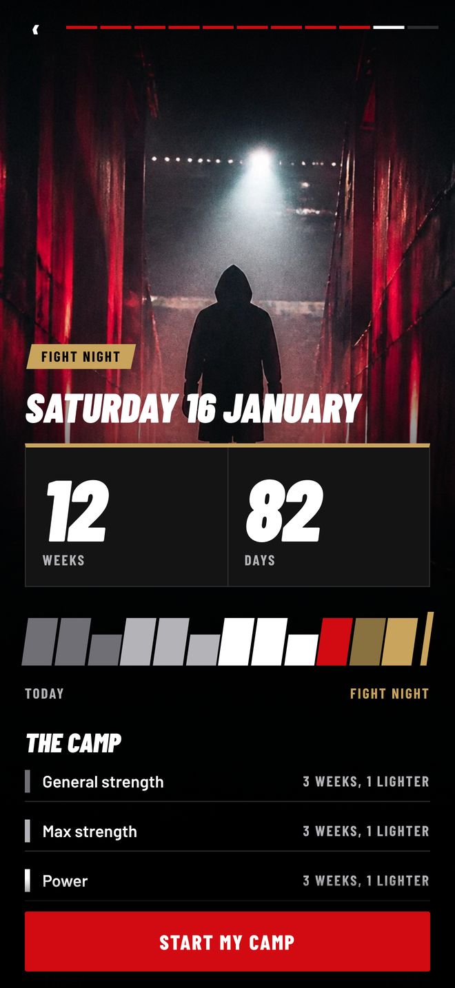 Camp reveal screen: Saturday 16 January, 12 weeks and 82 days to fight night